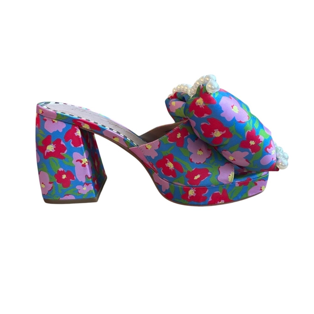 Betsey Johnson Floral Pearl Bow Platform Block Heel Sandals Mules Blue Pink 6.5